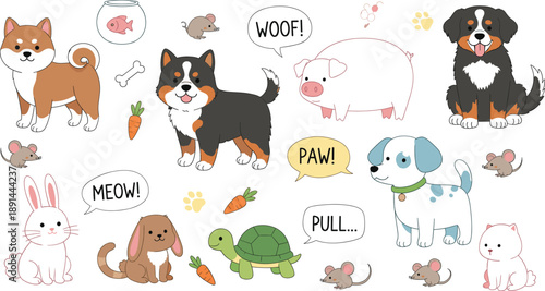 Collection of cute cartoon domestic pets and farm animals isolated on white background for kids design.
