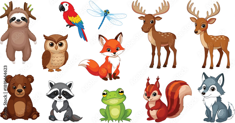 Obraz premium Collection of cute cartoon forest animals and woodland creatures isolated on white background.