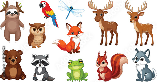 Collection of cute cartoon forest animals and woodland creatures isolated on white background.