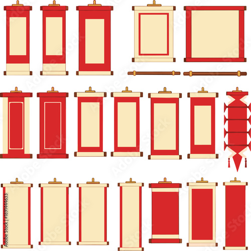 Professional vector illustrations of traditional Chinese red scrolls and paper lanterns for Lunar New Year and cultural branding।