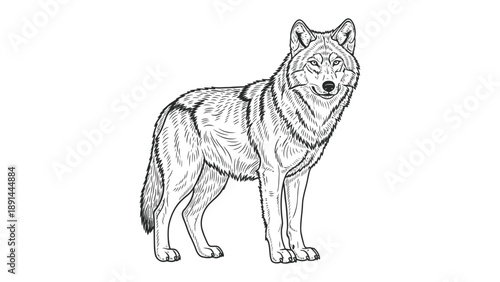 Majestic Wolf Illustration: A detailed line art illustration of a striking wolf stands confidently, evoking the spirit of the wild and the animal's noble character.