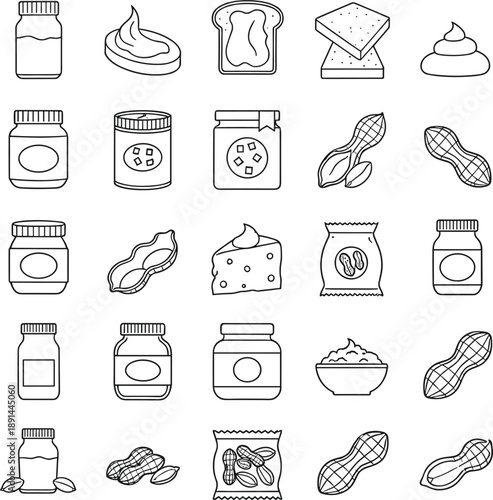 Professional line art vector icons of peanut butter jars whole peanuts and spread for food packaging and branding।