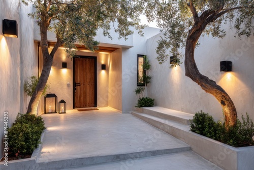 Entrance to a modern home with a wooden door, olive trees, and soft lighting in a peaceful outdoor space at twilight revealing a cozy atmosphere