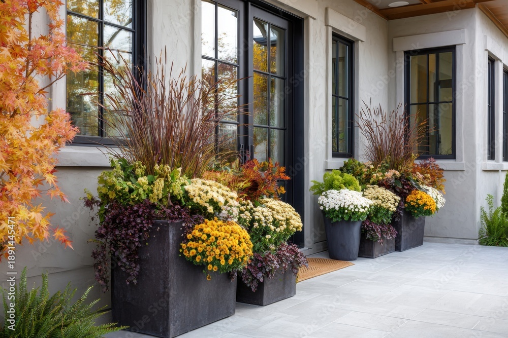 Fototapeta premium Colorful flowerpots line the entrance of a house during autumn in a suburban neighborhood with trees showing fall colors in the background