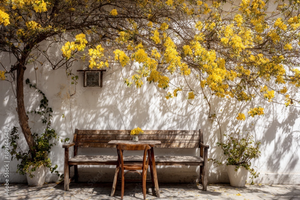 Obraz premium In a sunlit garden adorned with vibrant yellow flowers, a charming wooden bench and chair sit together gracefully beside a pristine white wall