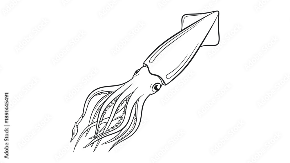Obraz premium Squid: Elegant linear illustration showcases the squid, marine creature. Emphasizing its graceful form, tentacles, and unique anatomy.