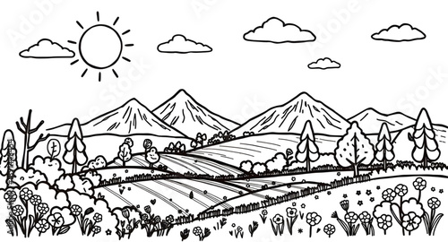 mountain scenery, landscape drawing, outline mountains, line landscape, nature illustration, outdoor illustration, scenic illustration, wilderness art, valley illustration, peak outline, ridge outline