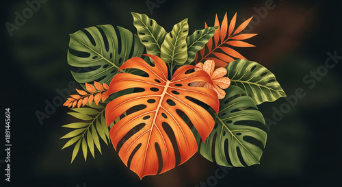 Illustration of orange and green tropical foliage, including Monstera leaves, arranged in a decorative composition, symbolizing lushness and nature