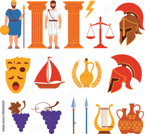 Professional colorful vector icons of Ancient Greek civilization warriors architecture mythology and cultural artifacts branding.