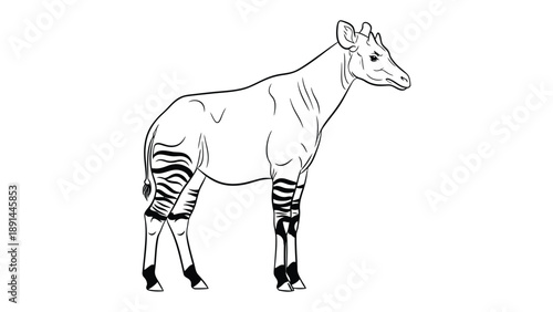 Okapi Monochrome Illustration: A striking monochrome illustration of an okapi, a unique forest-dwelling mammal, showcases its distinctive zebra-striped legs and elegant form.