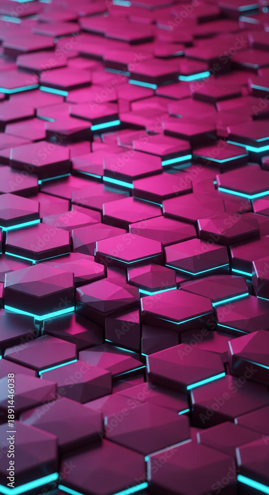 Obraz premium Perspective view of hexagonal tile pattern, pink and blue color, suggestive of technology, innovation, or digital interface background