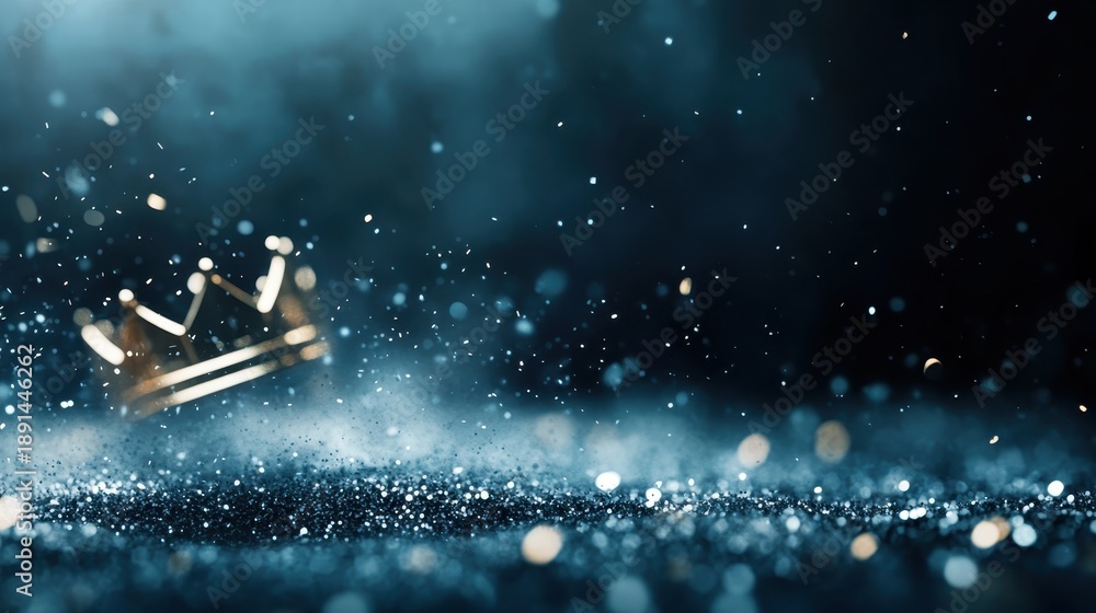 Fototapeta premium An enchanting image of a golden crown surrounded by shimmering particles and soft smoke creates an atmosphere of mystery and regal elegance.