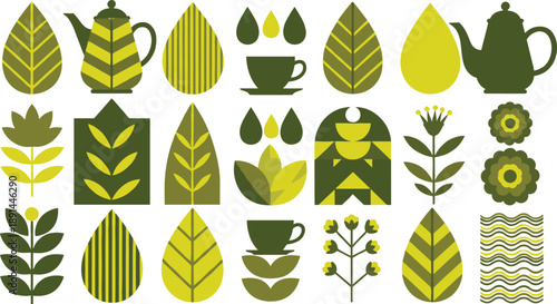 Collection of green and yellow geometric nature icons, leaves, and tea motifs in Scandinavian style.