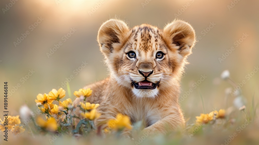 Obraz premium A charming lion cub plays amid vibrant yellow flowers, showcasing the beauty of nature and the innocence of wild animals in their natural habitat under golden sunlight.