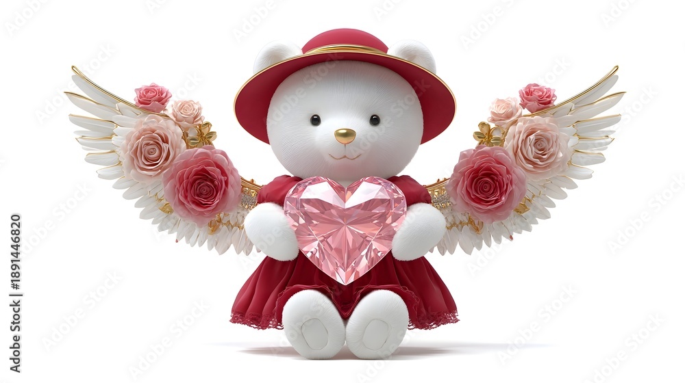 Fototapeta premium A charming teddy bear dressed in red and wearing a hat presents a sparkling pink diamond heart surrounded by delicate angel wings and floral accents evoking romance and sweet sentiments