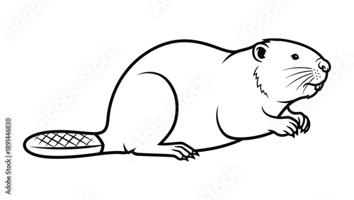 Beaver Outline: A simplified black and white illustration of a beaver, showcasing its distinctive features, including its large incisors, flat tail, and dense fur.