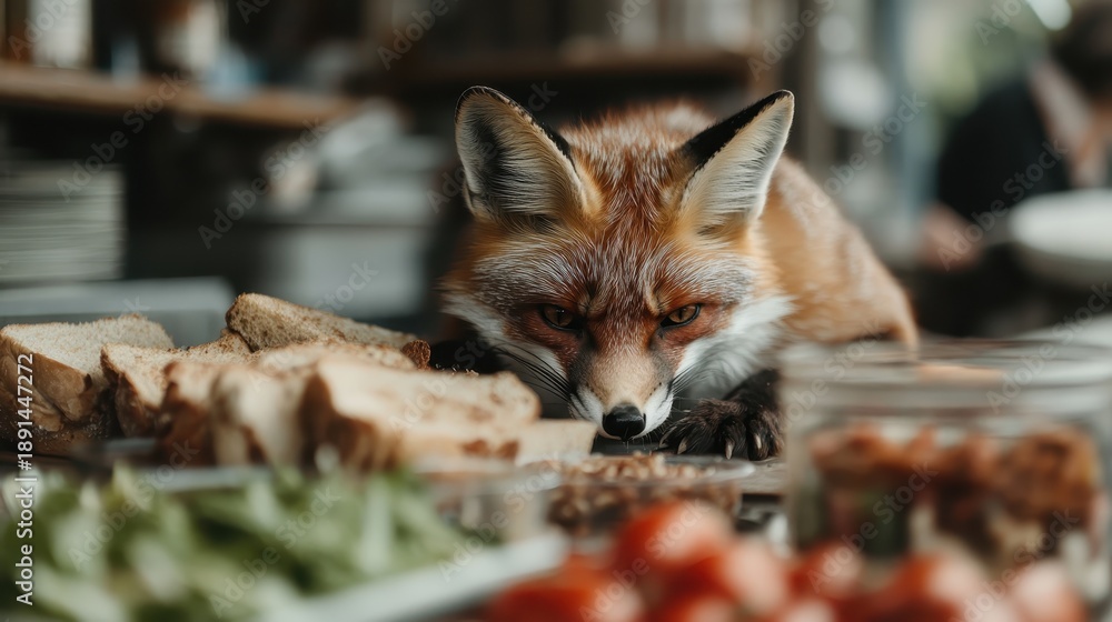 Fototapeta premium A red fox is seen close to a table filled with various food items. The curious gaze of the fox highlights its intriguing nature and the beauty of wildlife interaction with food.