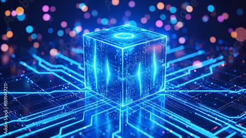 Glowing digital cube at the center of a network of neon light circuitry and bokeh lights