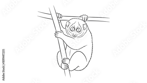 Slow Loris Climbing Branch: A detailed illustration of a slow loris perched gracefully on a tree branch, meticulously rendered with lines to emphasize the creature's features.