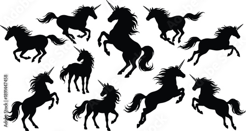 Silhouette collection of magical unicorns in dynamic running and rearing poses, symbolizing fantasy creatures, mythological animals, elegance, and fairytale imagination