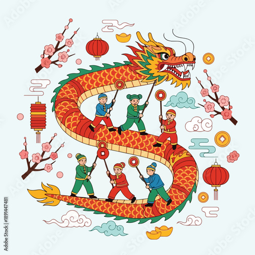 Dragon Dance Performance with Lanterns and People.