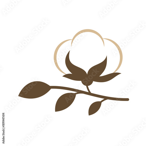 Cotton branch with one boll and leaves. Flat vector botanical composition in natural brown tones