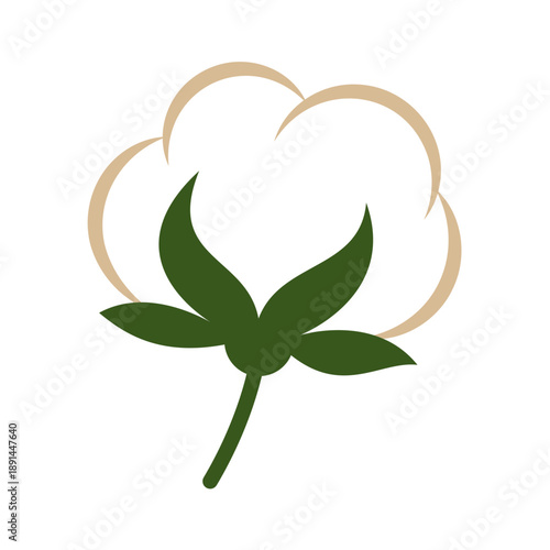 Cotton flower icon with green sepals and soft white bolls. Flat vector botanical illustration for natural product branding