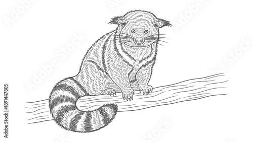 Striped Civet on Branch: An intricately illustrated striped civet, with its distinctive coat pattern and bushy tail, perches gracefully on a textured branch.
