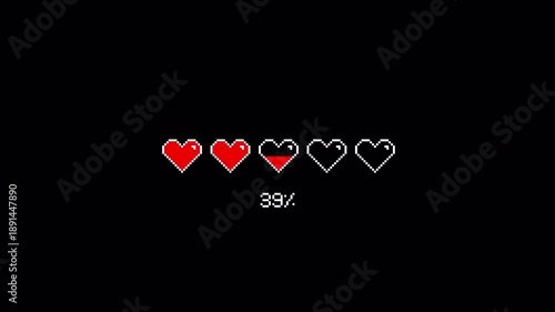 8 Bit Heart Health Bar Animation with Percentage. Game UI Overlay 4K Alpha