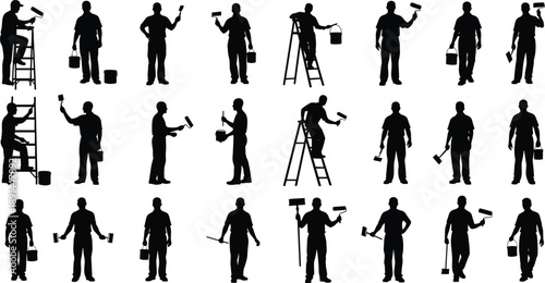 Silhouettes of men painting with rollers and brushes on ladders and standing painter