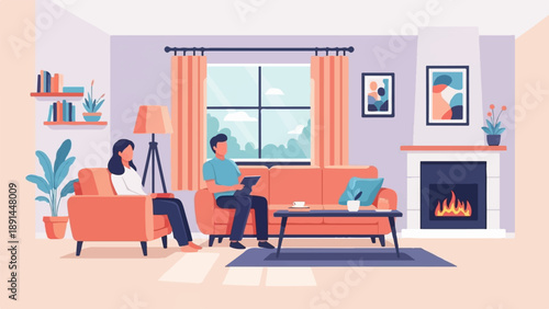 Cozy living room scene with a couple relaxing by a fireplace