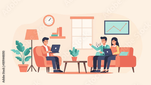 Cozy home scene with people working on laptops and a dog