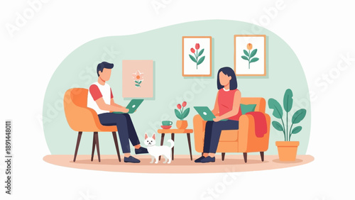 Cozy home scene with people working on laptops and a pet