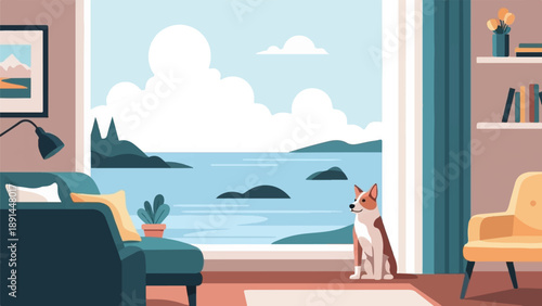 Cozy living room scene with a dog overlooking a serene ocean landscape view