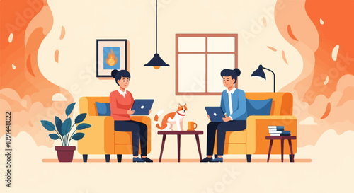 Cozy home scene with two people and a cat working on laptops
