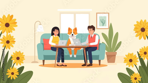 Cozy home scene with two people and a dog working on laptops