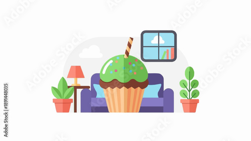 Cozy living room scene with a giant cupcake centerpiece, plants, and window
