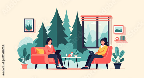 Cozy home scene with two people working on laptops near trees