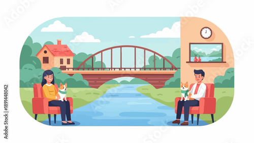 Cozy indoor and outdoor scenes with people, dogs, and a scenic bridge view