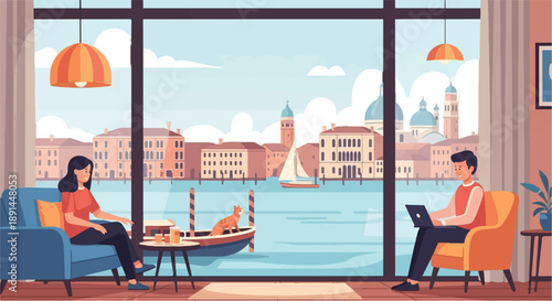 Cozy home with city and canal view, people relaxing, cat in boat