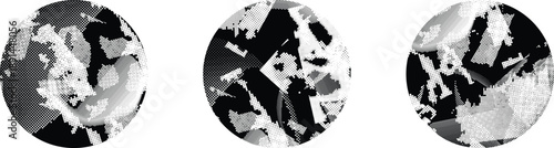 Textured circles vector set. Glitched social media templates . Trendy defect error shapes . Glitched frame .Grunge textured. Distressed effect. Shapes with a halftone dots screen print texture. 