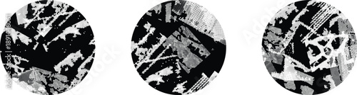 Textured circles vector set. Glitched social media templates . Trendy defect error shapes . Glitched frame .Grunge textured. Distressed effect. Shapes with a halftone dots screen print texture. 