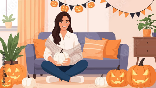 Cozy indoor Halloween scene with pumpkins, a couch, and a smiling woman