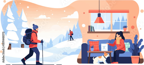 Cozy indoor scene contrasts with outdoor winter adventure