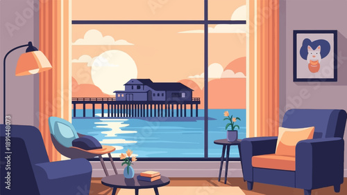 Cozy living room scene with a pier and ocean view at sunset