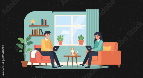 Cozy indoor scene of people and pet using laptops on furniture