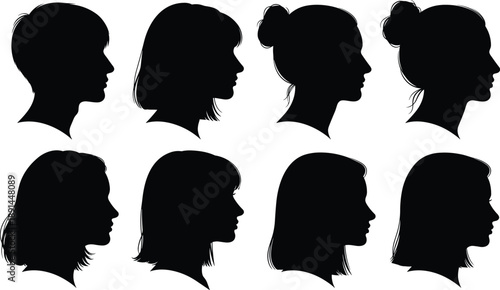 Eight Black Silhouette Profiles of Diverse Hairstyles and Genders Facing Right head