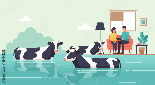 Cows wading in water near a couple in a room
