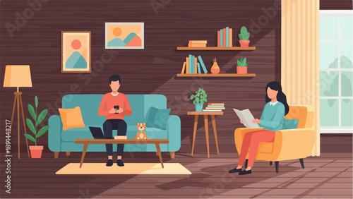 Cozy living room scene with people relaxing and engaged in hobbies