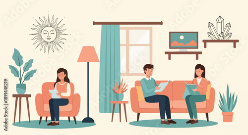 Cozy living room scene with people reading and decorative sun and crystal elements